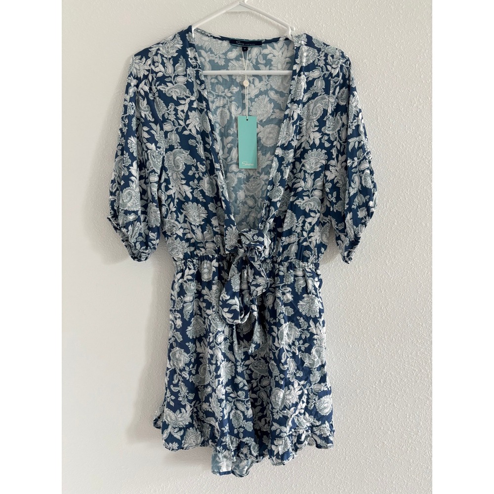 NWT Shore Womens M Blue White Paisley Romper Tie Ruffle Beachy Resort Travel
